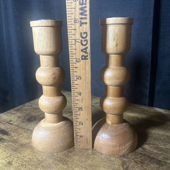 Wood Candlestick Holders Set of 2- 8” Natural Farmhouse Rustic Rounded Design - Picture 10 of 11